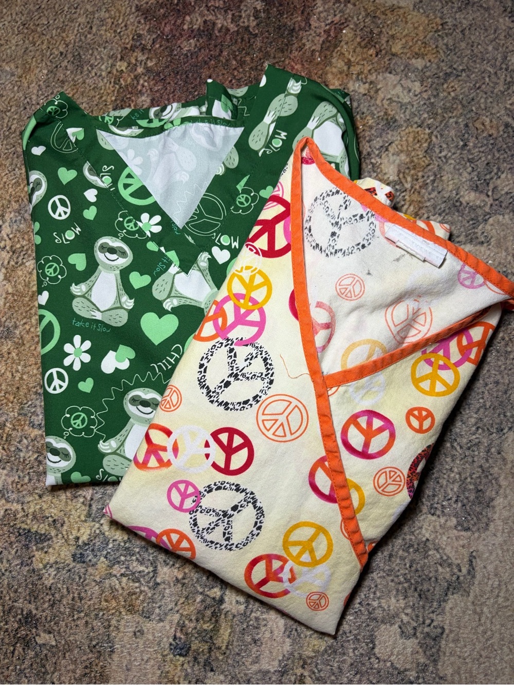 2 Peace Sign Pajama Tops - Green & Cream with Orange Trim
